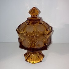 Vintage Fostoria Coin Glass Pattern Amber Covered Pedestal Candy Dish 8-Sided picture