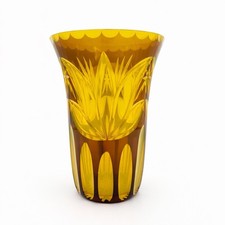 Bohemian Czech Cut to Clear Vase Amber and Canary Yellow Tulip 7” Sharp Cut picture