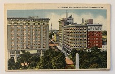Linen Postcard Looking South on Bull Street Savannah GA Downtown Buildings picture
