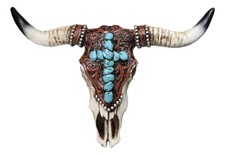 Southwest Steer Cow Skull With Turquoise Cross Tooled Leather Motif Wall Decor picture