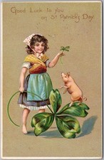 c1900s Tuck's ST. PATRICK'S DAY Embossed Postcard Girl w/ Pig & 4-Leaf Clover picture