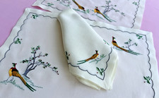 Vintage Madeira Placemats Napkins Runner Hand Embroidered Pheasants Birds picture