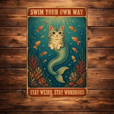 Whimsical Mermaid Cat Metal Sign Unique Wall Art Decor picture