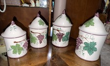 Vintage Set 4 Hand Painted Ceramic Canisters Lidded Grape Relief Grapevine Italy picture