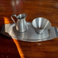 VAGA Norsk Tinn Pewter BJ.H 400 Cream & Sugar Set With Tray VTG EUC picture