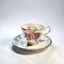 Vintage Ucagco Porcelain Teacup and Saucer Set Pink Roses Gold Trim Reticulated picture