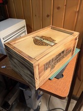 Vtg Harley-Davidson Wooden Sliding Top Box 12.5x7.5x5.5”, Burnt Wood & Textured picture