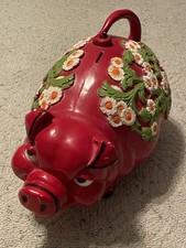 VINTAGE 1976 HUGE Red Floral Plastic Piggy Bank With Stopper Universal Statuary picture
