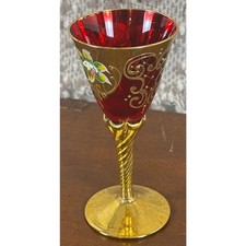 Vintage Murano Tre Fuochi Ruby Red Wine Goblet 24K Gold Enamel Floral Italy 6