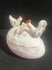 Lefton Trinket Egg Chicken Rooster Hen Chicks Flowers Made In Japan Vintage picture