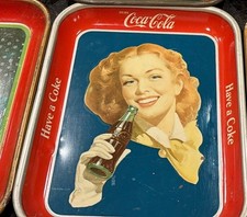 1948 VINTAGE  GIRL WITH RED HAIR DRINKING Coke  METAL TRAY - Solid Backgroun picture