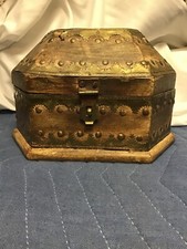 Vintage Hexagonal Wood Box Chest Lidded with Metal Detailing Very Nice picture