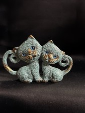 Vintage Cast Iron Verdigris Blue/Gold w/Blue Eyed Cat Figurine picture