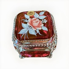 Vtg signed C Paltier 1978 Westmoreland Glass  square Cranberry Rose trinket box picture