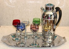 VTG Krome Kraft Farber Bros Bar Set w/ Shaker Pitcher/6 MultiColor Glasses/Tray picture