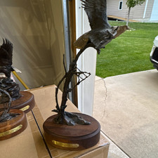 Harvey Rattey 1995 Lift Off Eagle Bronze Metal Sculpture w/ Wooden Base picture