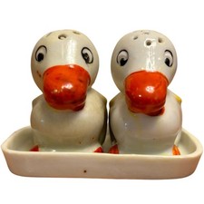 Vintage Duck Geese Birds in Tray 3pc Salt and Pepper Shakers Japan Porcelain picture
