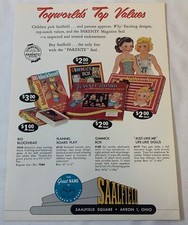 1958 double sided trade ad ~ SAALFIELD games+paper dolls, Felix The Cat picture