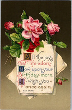 Vintage Victorian Postcard 1910 All the Joys of Birthday Morn - Roses & Poem picture