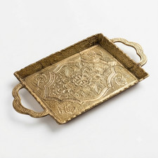 Handcrafted Brass Serving Tray Engraved Antique Gold Tray with Decorative Handle picture