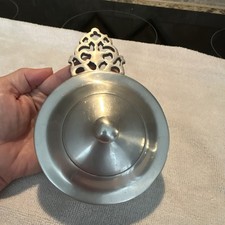 Vintage Stede Pewter Lidded Covered  Bowl with Pierced Handle,  Porridge Bowl picture