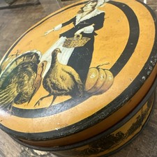 vtg thanksgiving orange & black tin box w/ witch, turkey cheddar yellow  picture