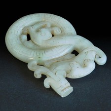 Antique White Jade Chilong Dragon Emerge from Pei Disk Scroll Weight Toggle 螭龍玉珮 picture
