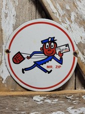 VINTAGE MR ZIP PORCELAIN SIGN OLD US MAIL POSTAL CARRIER MAILMAN CARTOON MASCOT picture