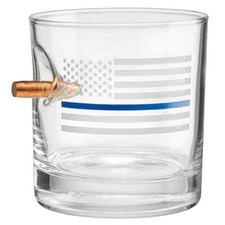 Original BenShot 308 Police Thin Blue Line Rocks Glass w/Real Bullet Cop Gift picture