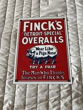 Finck’s Vintage Original Overalls Union Made 1930s Porcelain & Steel Sign 9”x12” picture