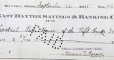 1915 East Dayton Savings & Banking Dayton OH Cancelled Check Memorial Reformed picture