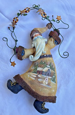 Vintage Primitive Folk Art Santa Ornament Hand Painted Winter Cabin Fabric Resin picture
