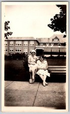 Vtg B&W Snapshot Two Women Bench Flapper Cloche Hat Large Brick Building 1920s picture