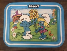 Vintage Smurf Metal Folding TV Tray Peyo Smurfette Bashful Papa Smurfs 1980s picture