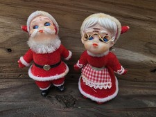 Vintage MCM 1950s Flocked Red Santa Claus & Mrs Claus Christmas Tree Decoration picture