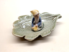 Vintage Shamrock Pottery Figurine Dish With Leaf & Leprechaun Made In Ireland picture