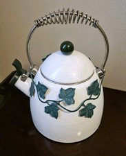 Ivy Tea Kettle White Green Vintage 1997 Via Ancona English Garden Whistling 9