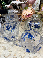 Antique Northwood Singing Birds 4 Pc EAPG Table Set Blue Stain UV 365 picture