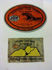 2 CRAZY RARE JOY MINING DECALS EASTERN COAL CO. PEGS BRANCH YELLOW GRAND OPENING picture