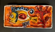 Vintage Giovanni DeSimone Art Pottery MCM Italy Retro Fish Plaque Orange Fine picture