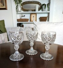 Set of 3 ABP American Brilliant Period White Wine Goblets Star Diamond Stemware picture