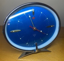Vintage 1960s Diamond Shanghai Mechanical Alarm Clock | Space Age Chrome Blue picture