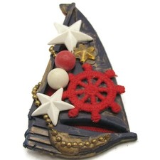 Vintage Handmade Sailboat Pin Brooch Nautical Ship Wheel Stars Red White Blue picture