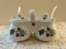 Vintage 1994 Ceramic Double Jam Jelly Jars Condiments Strawberry Lids & Spoons picture