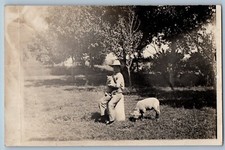 RRPC Photo Postcard Woman With Cat Scene Field Lamb c1910's Antique Unposted picture