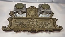 Vintage Antique 19C Art Deco Brass Crystal Cut Inkwell Desk Accessory Old picture