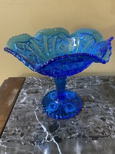 Cobalt Blue Ruffled Rim Pedestal Candy Dish Vintage 7.25
