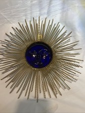 VTG Mid Century Cobalt Blue Glass and Gilt Metal Solar Wall Plaque Sunburst ☀️ picture