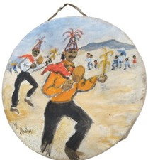 Vintage M. Avalos Signed Painted Rawhide Hand Drum Folk Art Flute Player 7.5