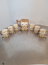 Vintage 1981 Sittre Ceramic Owl Coffee Tea Set Canister & Mugs 8pc picture